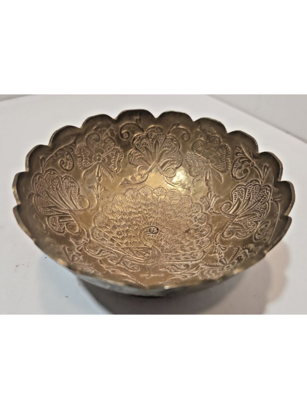 Vtg Solid Brass Etched Peacock Bowl Small Made in India Scalloped Edge 4.5" Dia